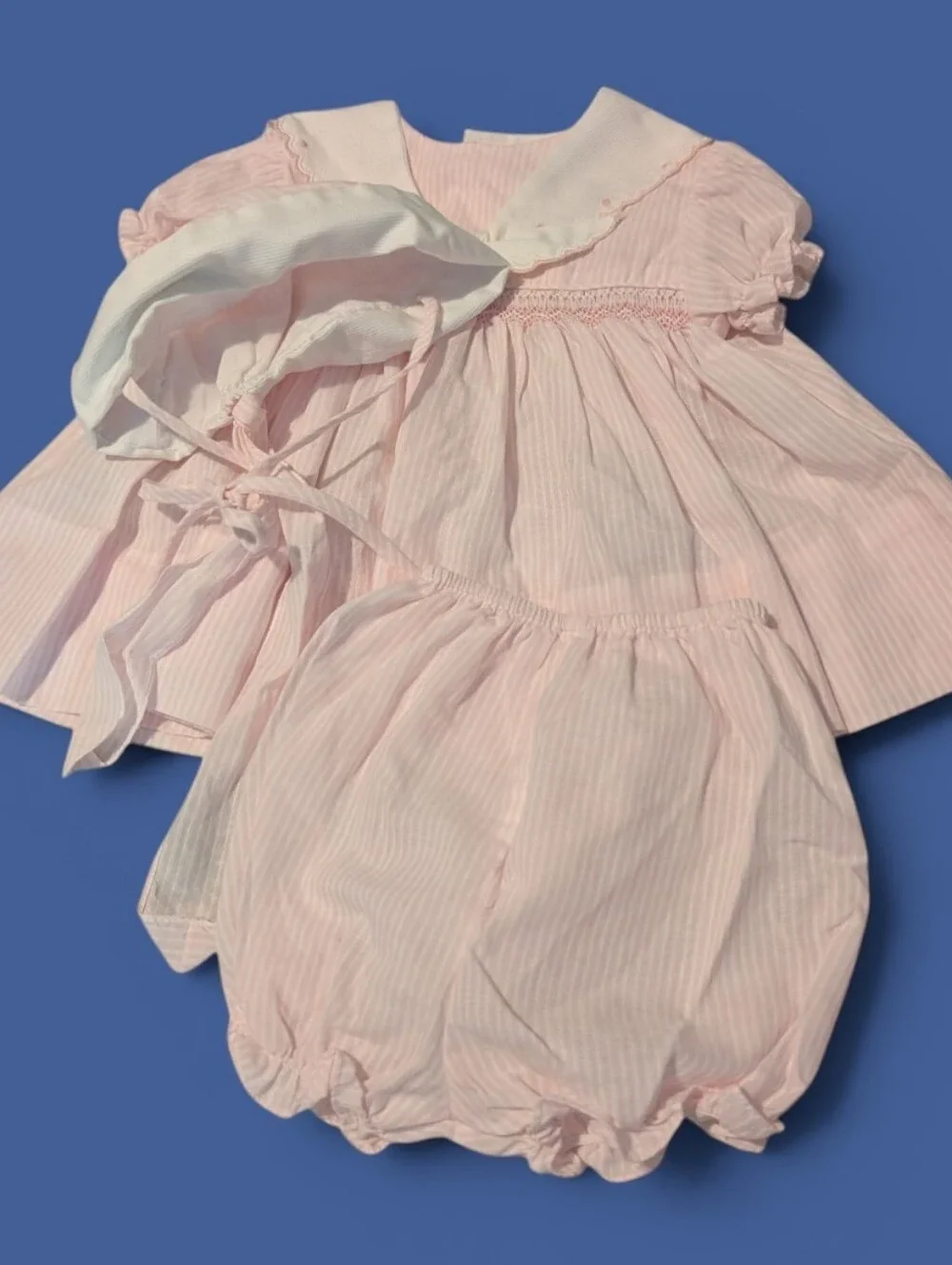 Vintage Carter's 3pc Pink‎ Seersucker Dress Bonnet Set Nautical Smocked