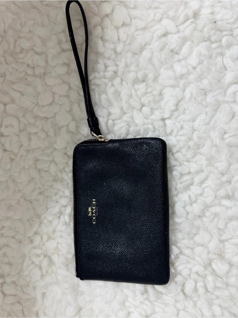Coach Black Leather Zip Wristlet with Gold Logo