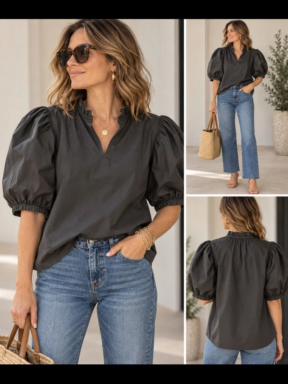 Hyacinth House Black V-Neck Puff Sleeve Poplin Top Small Tuckernuck EUC