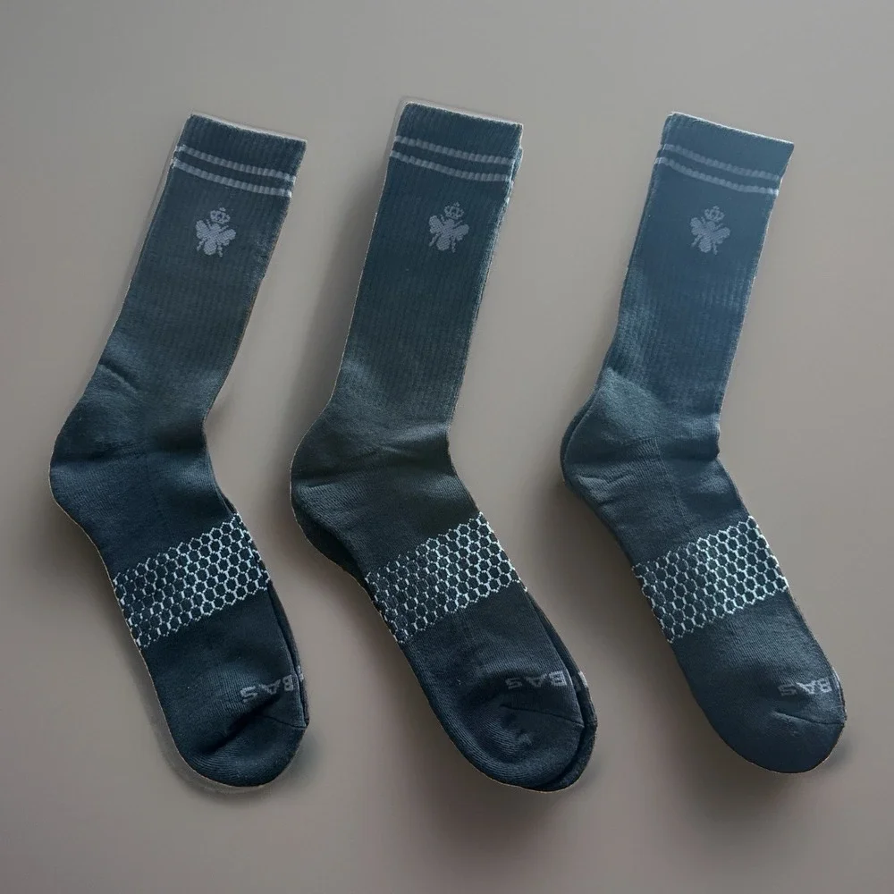 LOT OF 3 Bombas Men's Crew Socks XL Black/Gray Striped Casual Sporty Running NEW