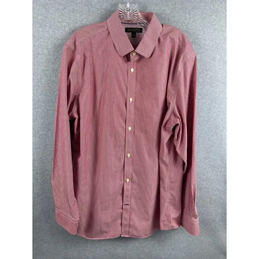 Banana Republic Shirt‎ Men's XL Red Striped Long Sleeve Button Up Non Iron Slim