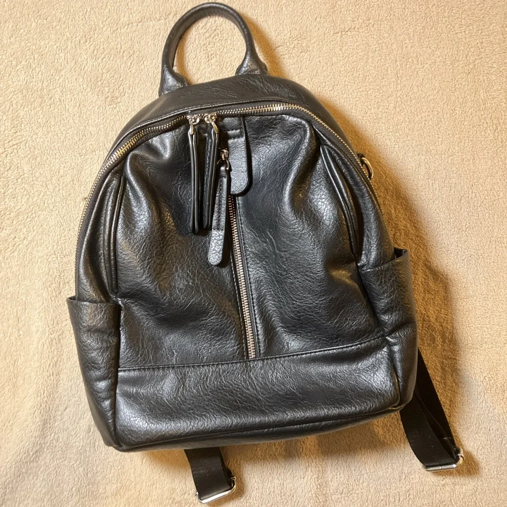 Women's‎ Black Faux Leather Backpack Silver Hardware Rucksack Bag