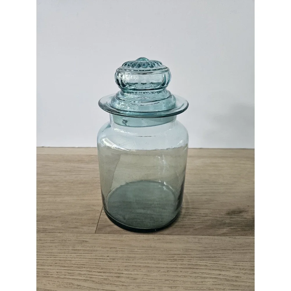 Vintage Takahashi Glass Apothecary Jar Teal‎ Blue Green MCM Canister With Lid 8