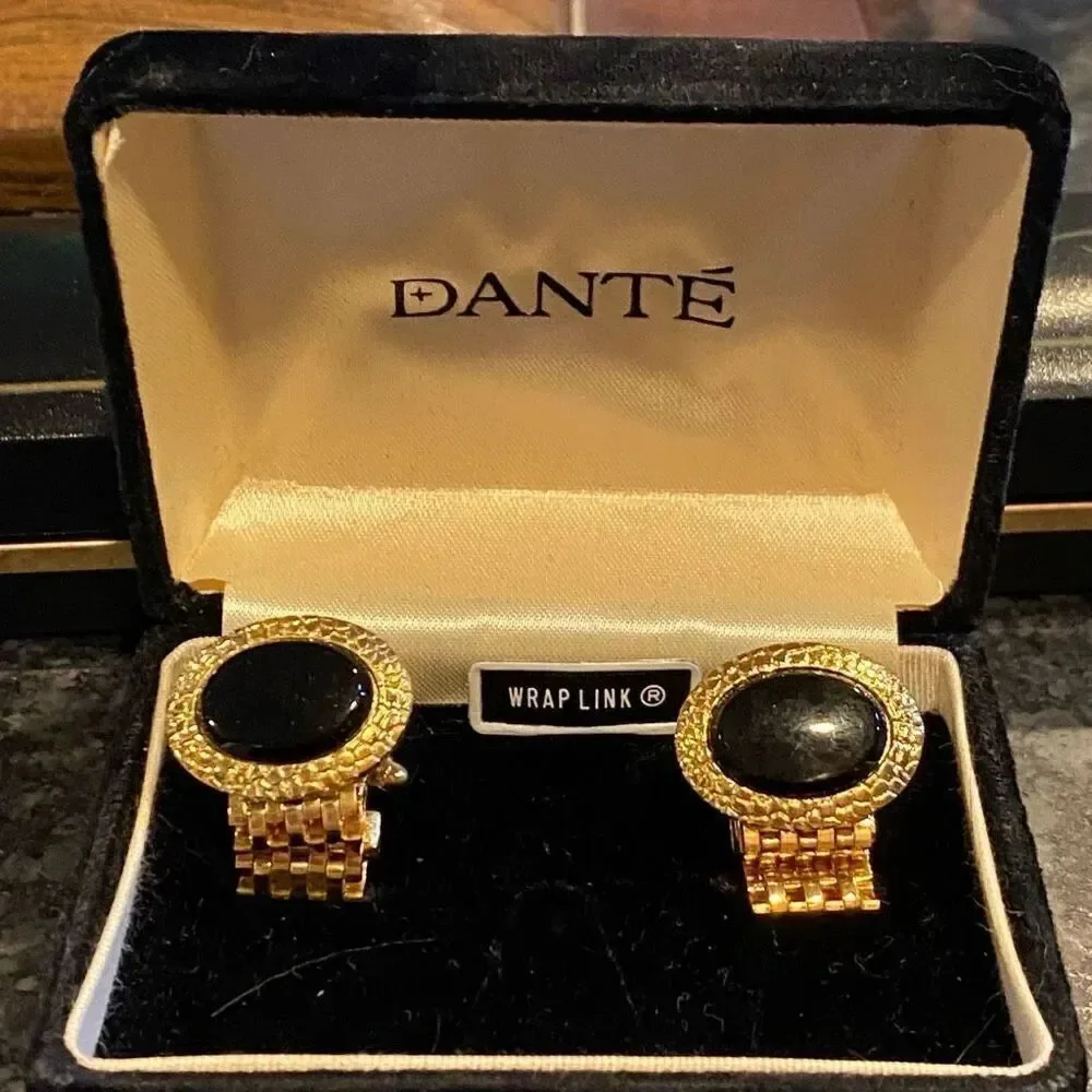 Vintage Dante Onyx Gold Wrap Around Mesh Cuff Links Boxed