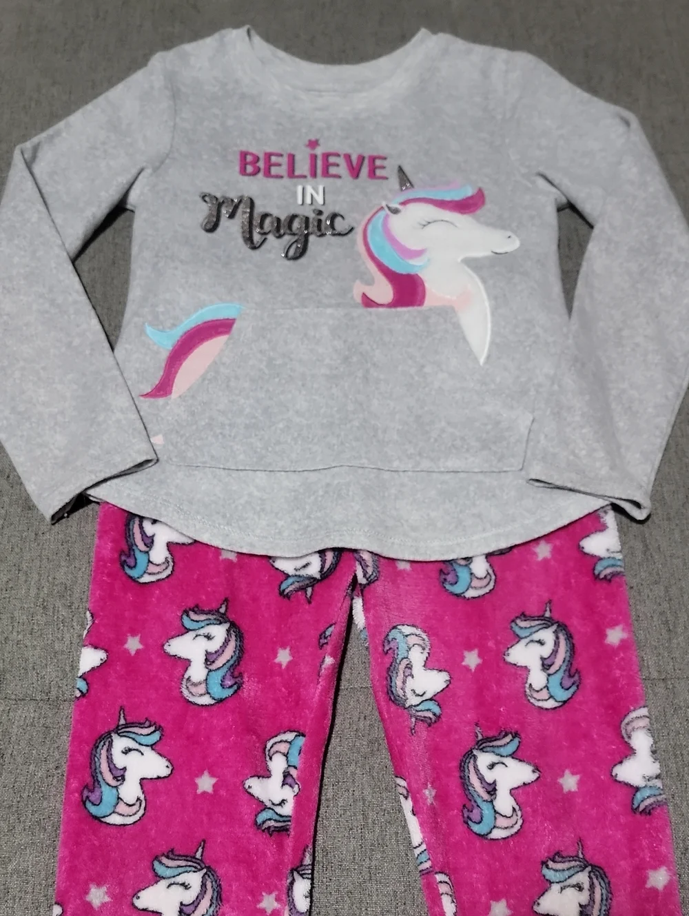 wonder nation Gray Top & Pink Unicorn Print Kids Pajama Set S(6-6X)