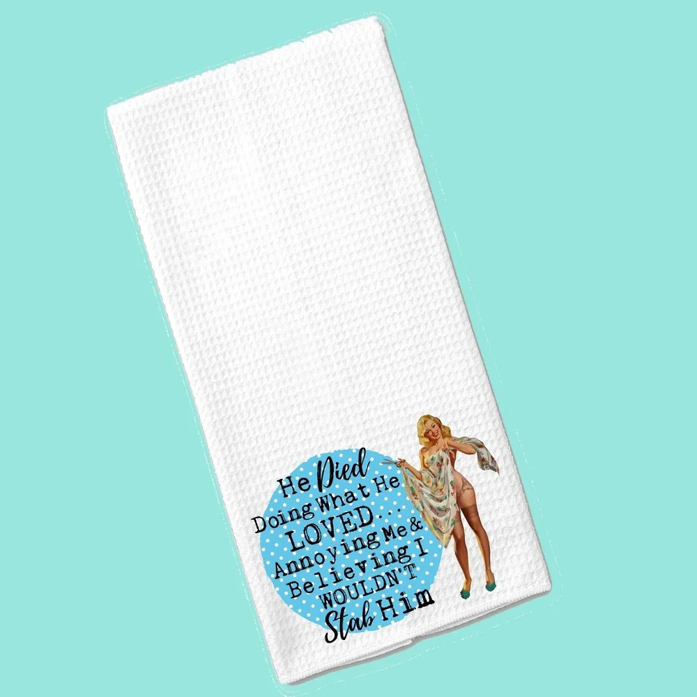Funny Retro Pinup Waffle Weave Kitchen Towel White Blue Polka Dot Snarky Decor