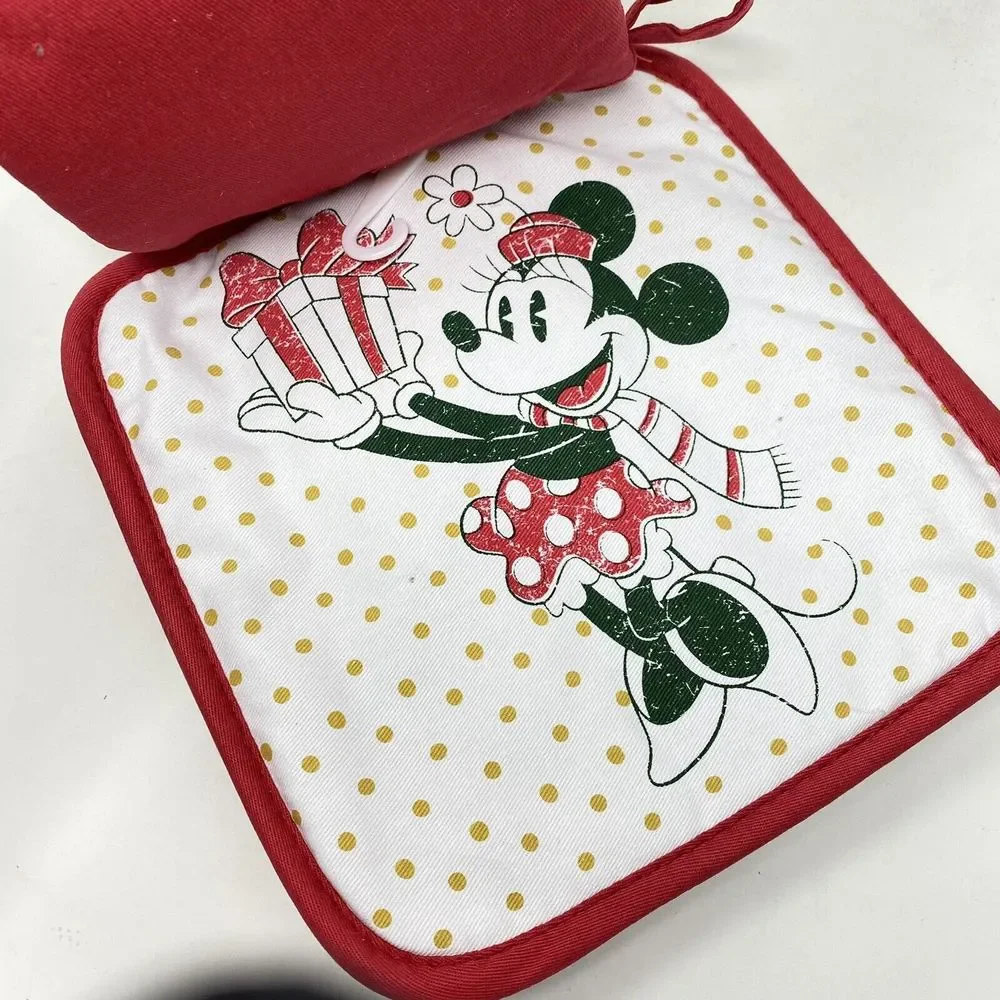 DISNEY MINNIE MOUSE‎ HOLIDAY OVERSIZED OVEN MITT & POT HOLDER SET CHRISTMAS