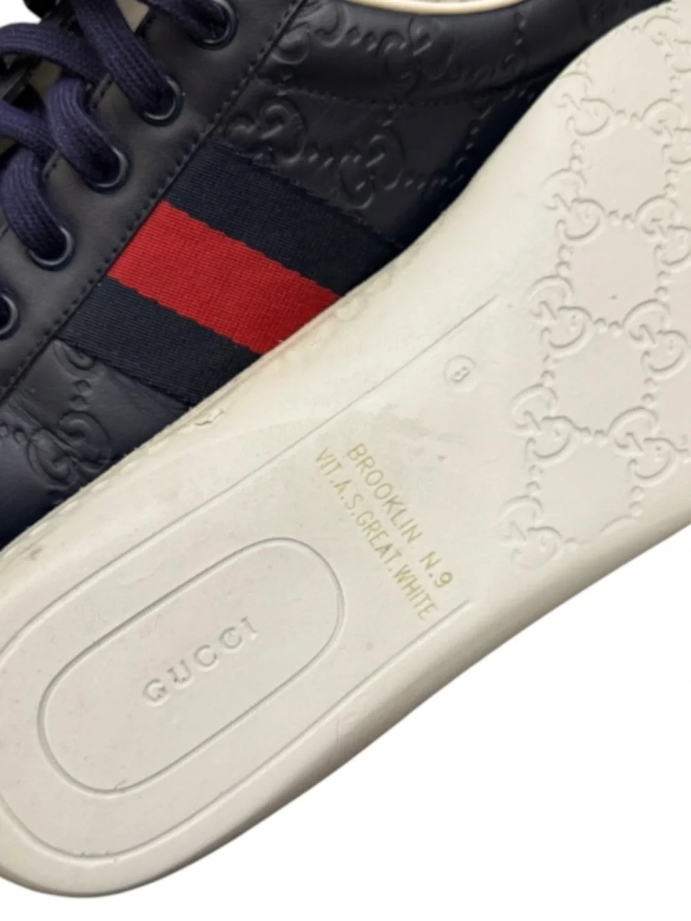 GUCCI - NAVY BLUE ALL LEATHER EMBOSSED MONOGRAM “ACE GG SUPREME” SNEAKERS