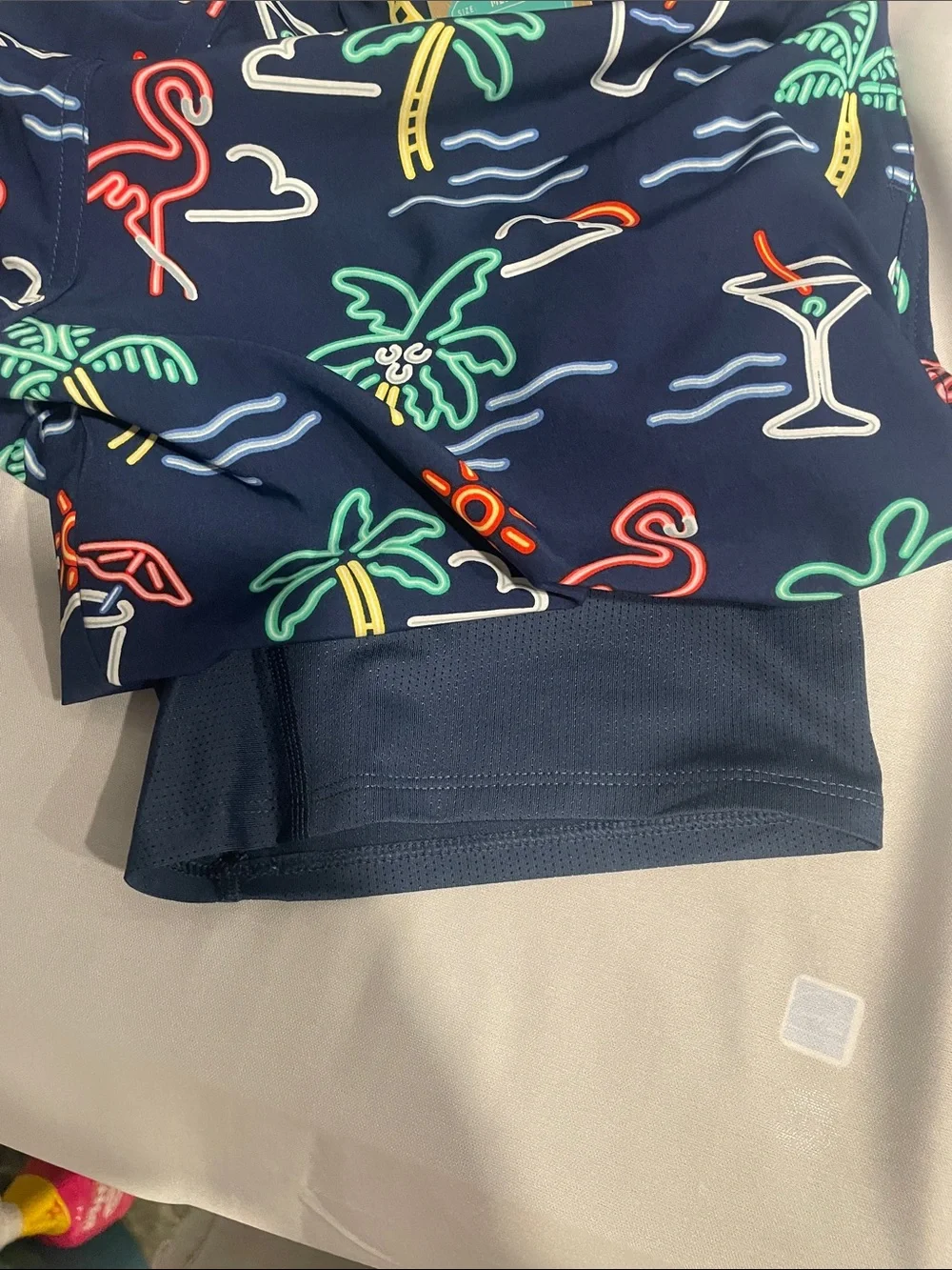 chubbies Navy Swim Trunks with Neon Palm Trees, Flamingos & Cocktail Prints