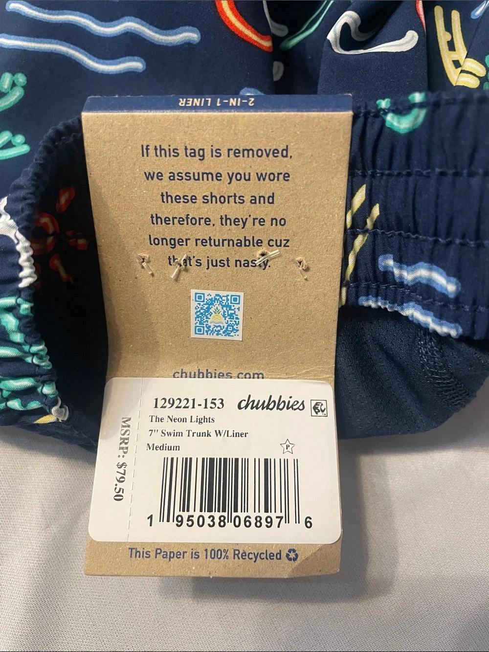 chubbies Navy Swim Trunks with Neon Palm Trees, Flamingos & Cocktail Prints