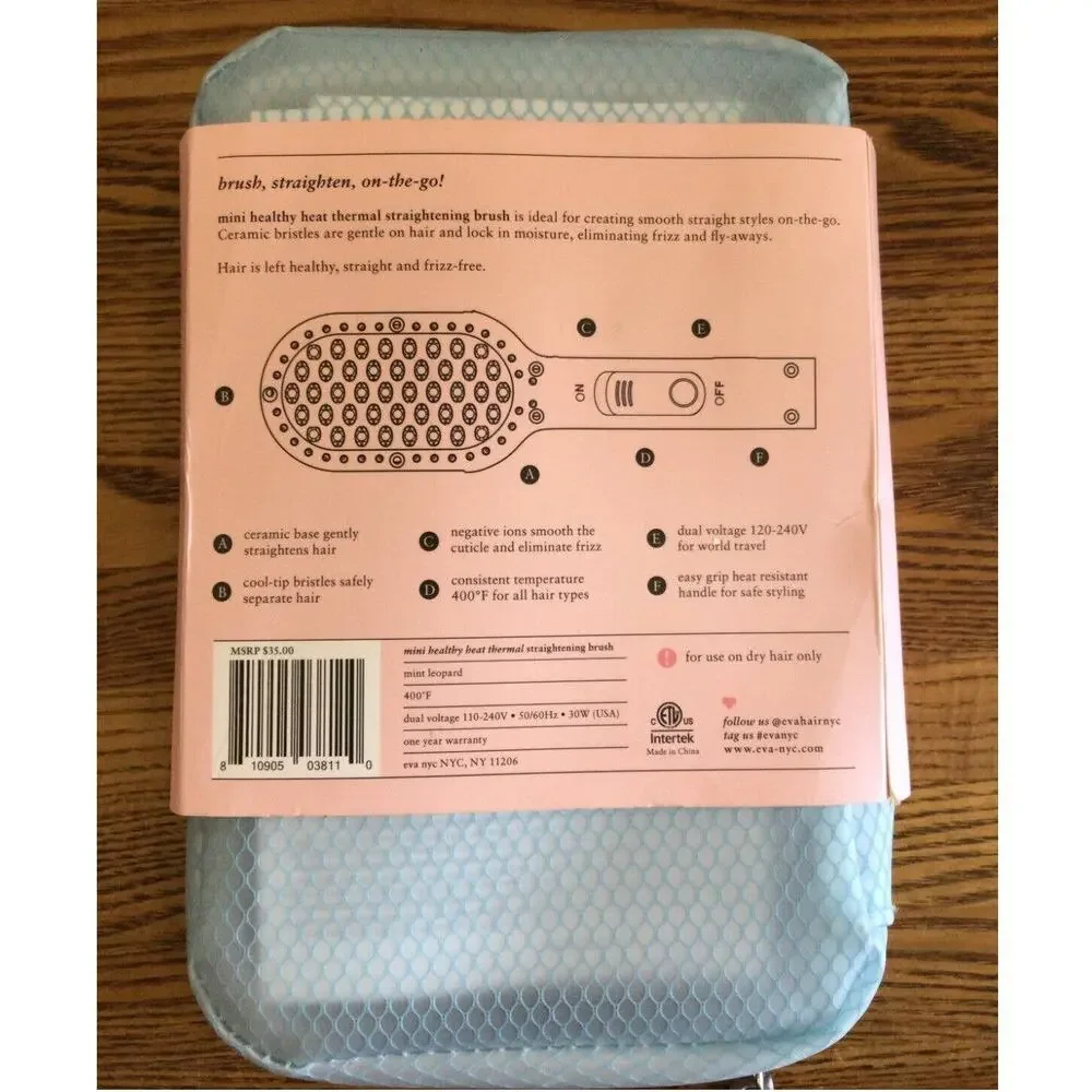 Eva NYC Mini Healthy Heat Thermal Straightening Brush w/ Blue Travel Case NEW