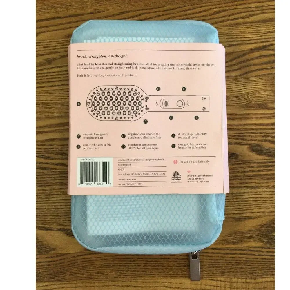 Eva NYC Mini Healthy Heat Thermal Straightening Brush w/ Blue Travel Case NEW