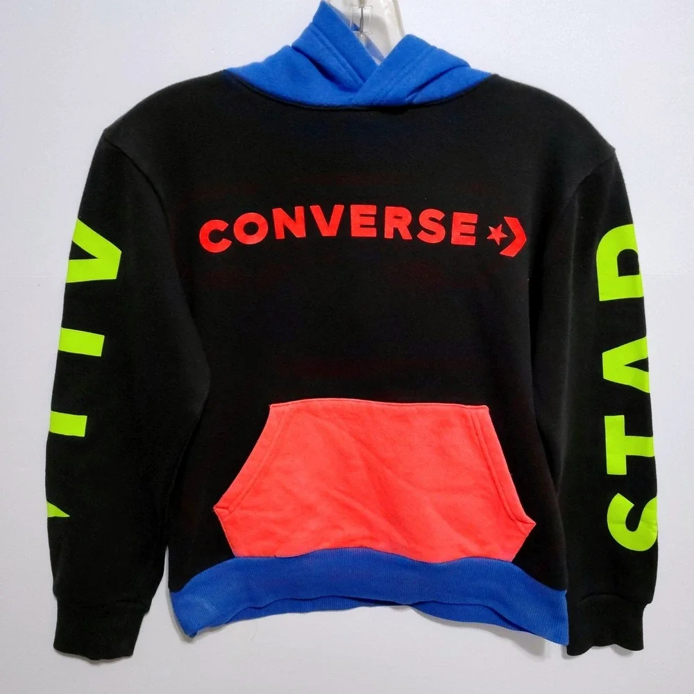 Converse All Star Hoodie Kids Medium Black Neon‎ Logo Pullover Sweatshirt 10-12