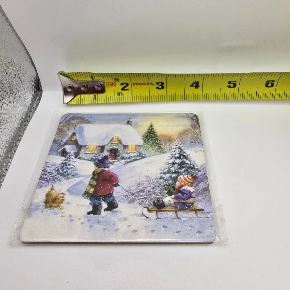 Happy Holidays Winter Scene Coasters Set of 2 Cardinal Sledding Cork Backed NCCS