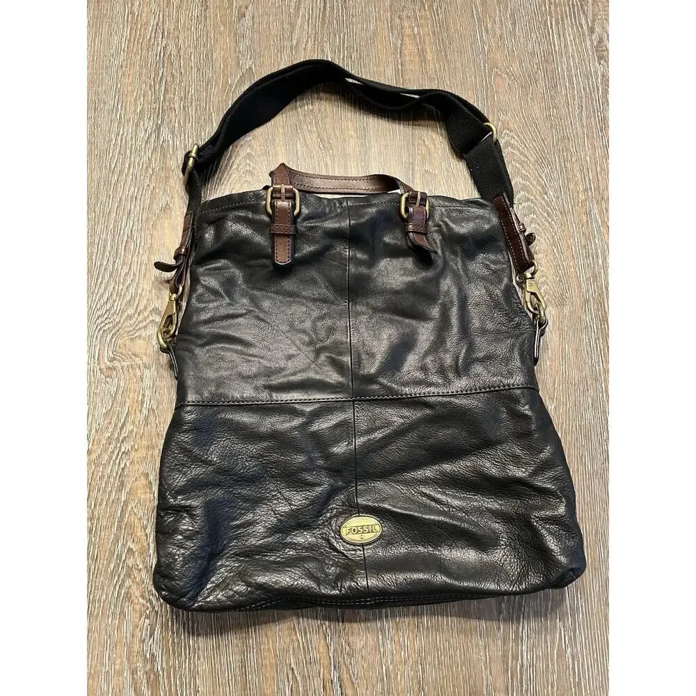 Vintage Fossil Explorer Black Leather Foldover Satchel Crossbody‎ Bag