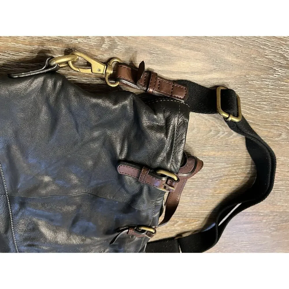 Vintage Fossil Explorer Black Leather Foldover Satchel Crossbody‎ Bag