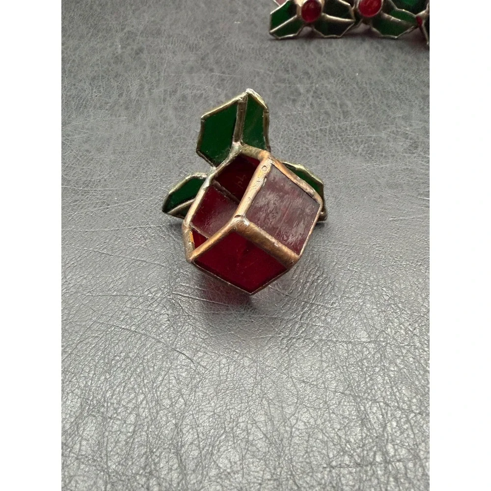 Vintage 1991 Signed Stained Glass Holly Berry Napkin Rings Set of 4 Christmas‎