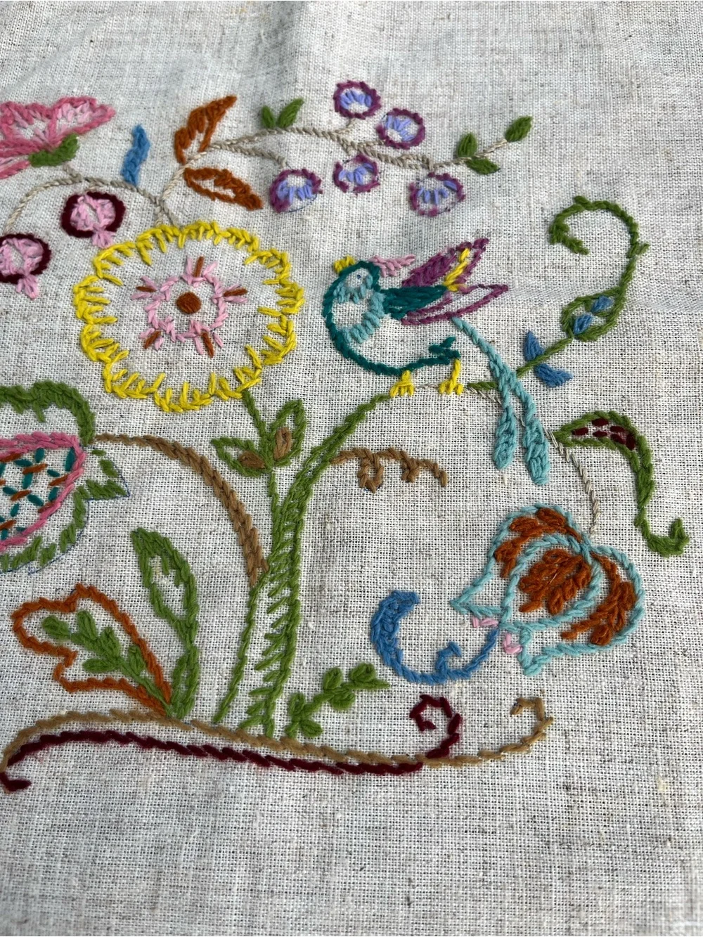 Vintage Finished Crewel Embroidery Fabric Square Bird & Floral Design (Unframed)