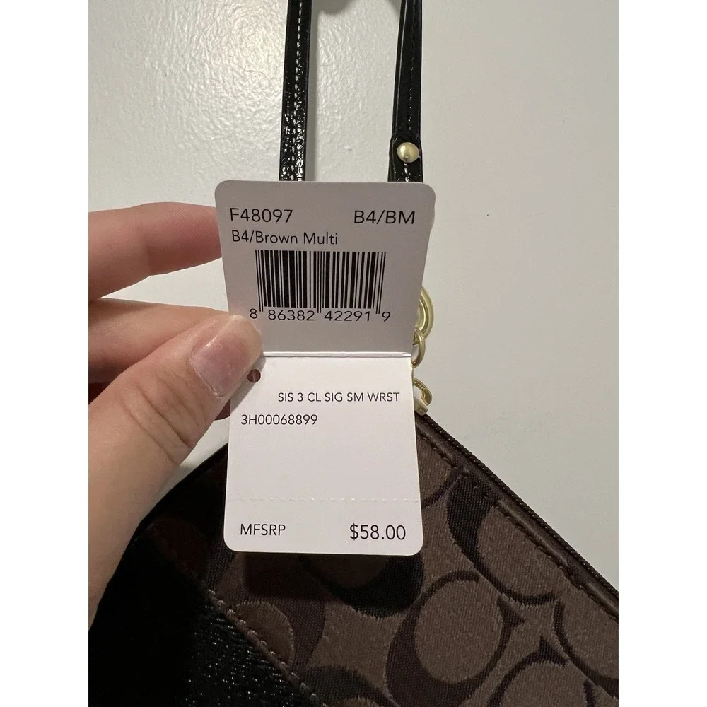 Coach Corner Zip‎ Wristlet in Signature Canvas w/ Stripe in Walnut/Black NWT $58