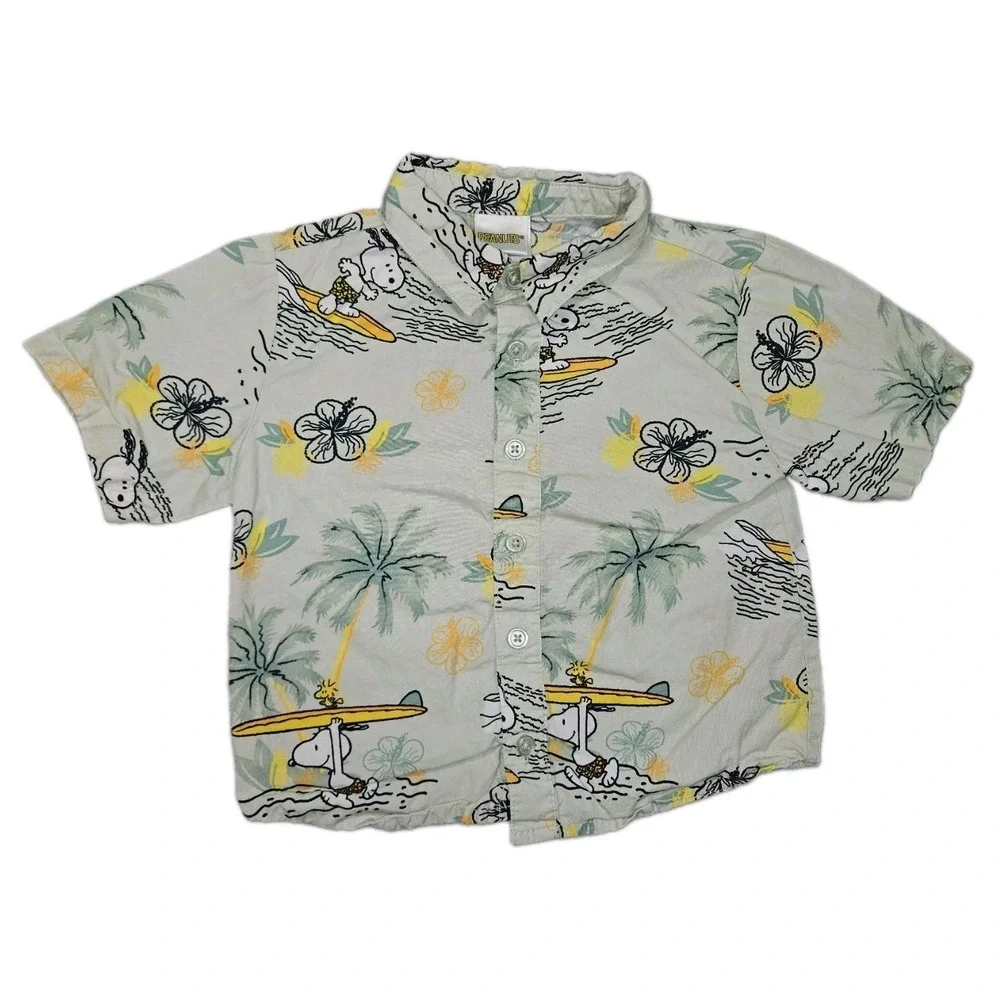 Peanuts Snoopy Surfing Hawaiian Shirt Boys Button-Up 3T‎ Green Short Sleeves