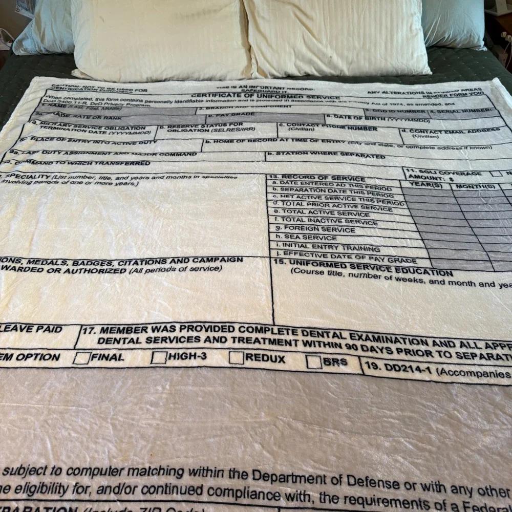DD Form 214 Certificate of Uniformed Service Military Fleece Throw Blanket White