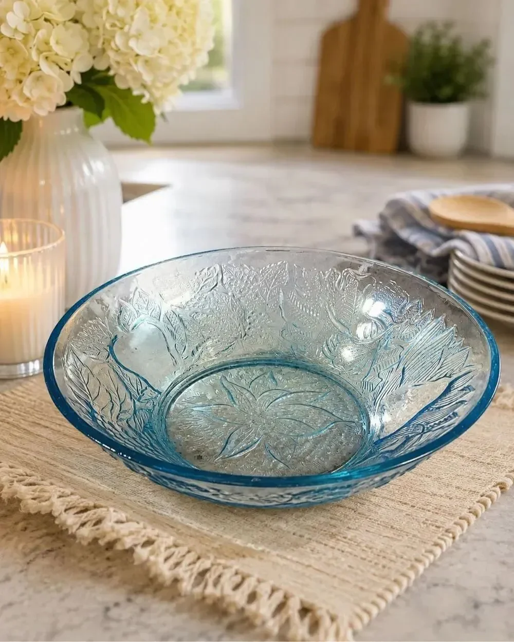 Blue Pressed Glass Serving Bowl Embossed Floral Pattern Decorative Dish vintage