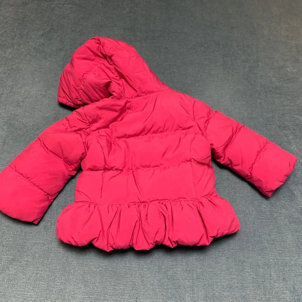 Ralph Lauren Puffer Jacket Girls 18M Pink Ruffle Hem Pony Logo Full‎ Zip Hooded