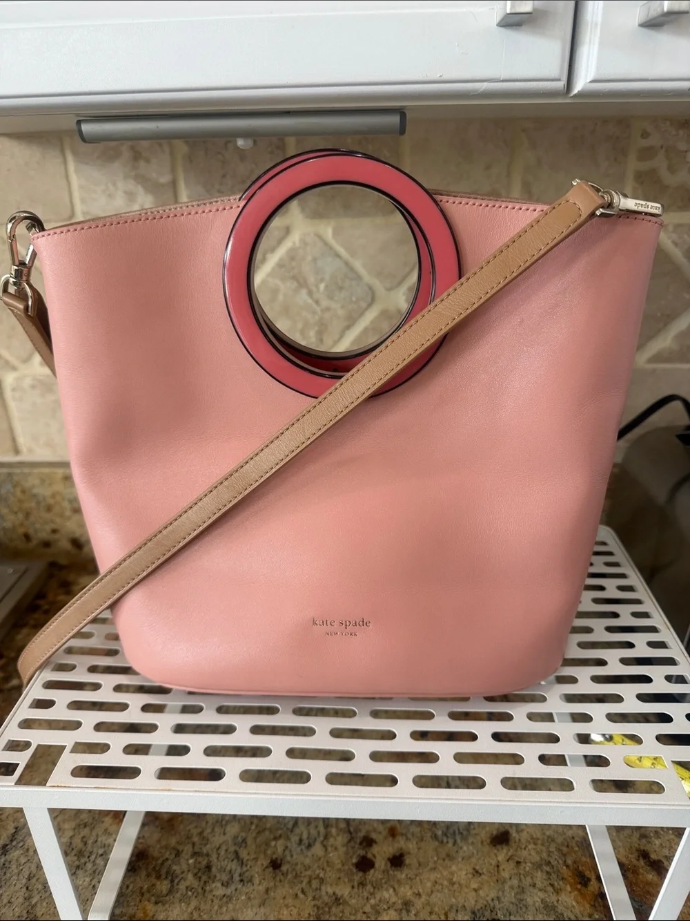 kate spade Colorblock Pink/tan Leather Shoulder Bag with Circular Handle