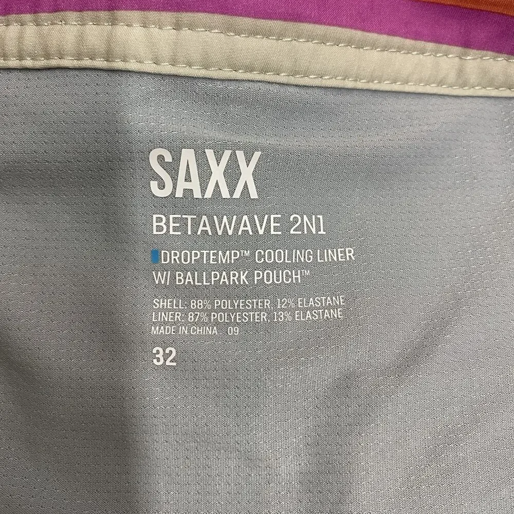 SAXX Betawave 2N1 Board Shorts 32 Striped Swim Trunks BallPark Pouch Stretch