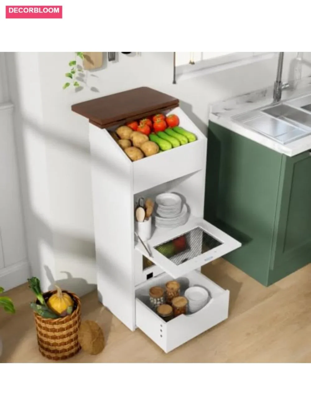Patiorama 4-Tier Wood Potato Onion Storage Bin Bread Box Wheeled Drawer