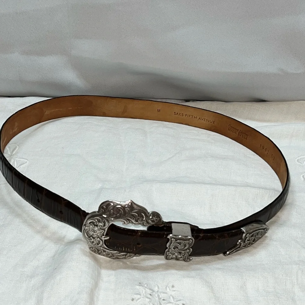 Saks Fifth Avenue -Brown Leather Belt with Silver engraved Buckle‎ medium