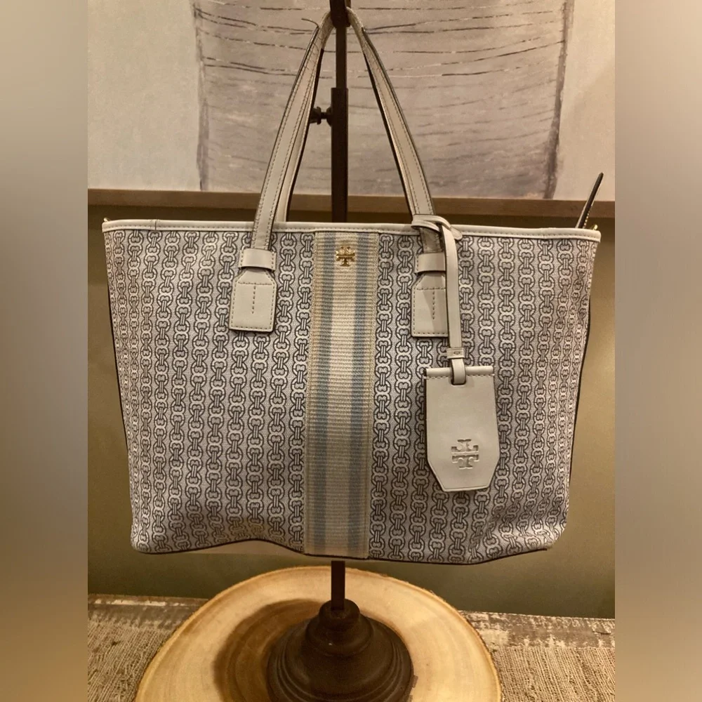 Tory Burch Gemini Link Coated Canvas White‎ Leather Tote Bag Crossbody Strap