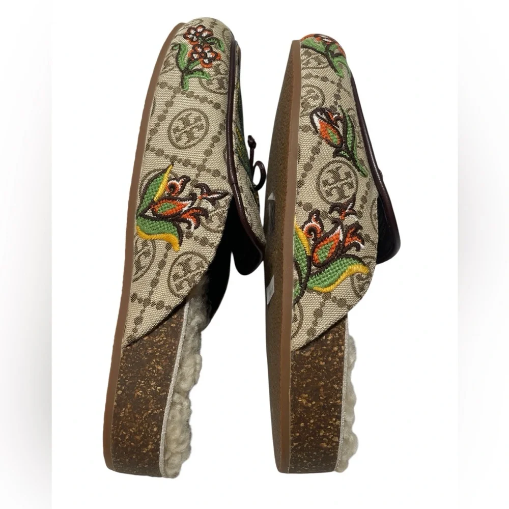 Tory Burch Genuine Shearling Jacquard Needlepoint Mismatched Mules NWOT 🐆 RARE‼️