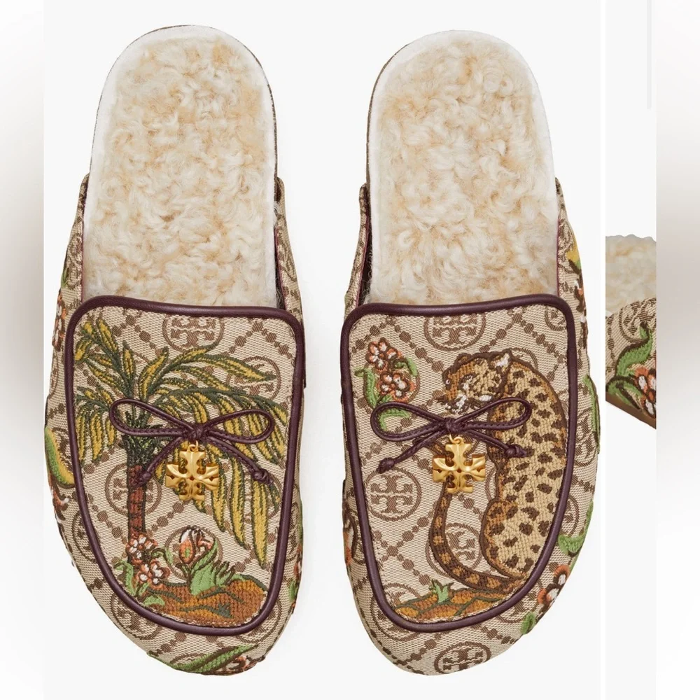 Tory Burch Genuine Shearling Jacquard Needlepoint Mismatched Mules NWOT 🐆 RARE‼️