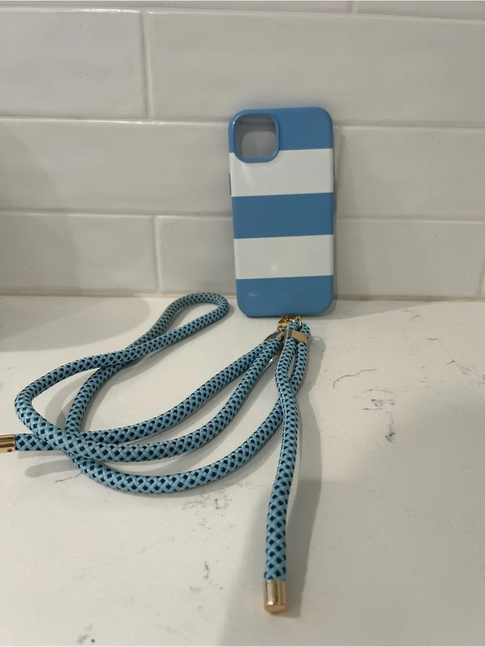 Blue & White Stripe iPhone 14 plus Case with Matching Lanyard