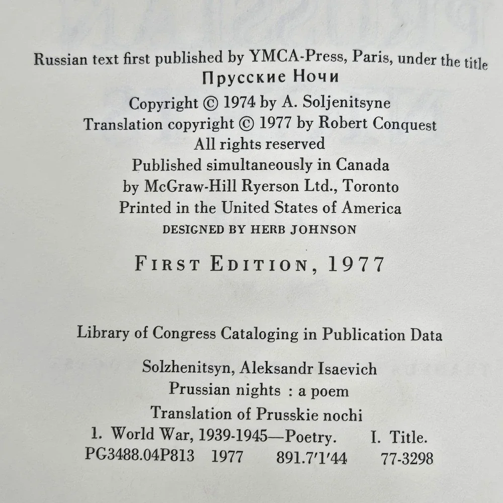 Alexander Solzhenitsyn PRUSSIAN NIGHTS A Poem First Edition 1977 Robert Conquest