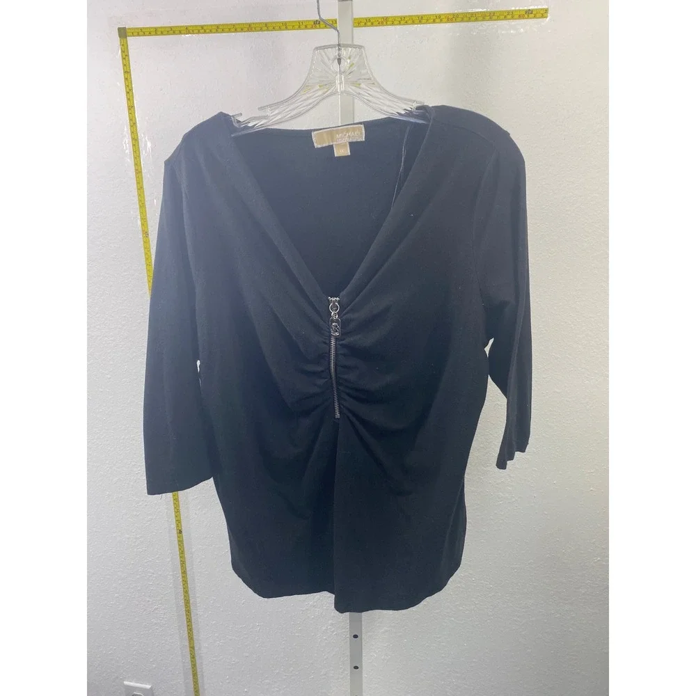 Michael Michael Kors Black 3/4 Sleeve V-Neck‎ Zip Ruched Front Top Plus Size 1X