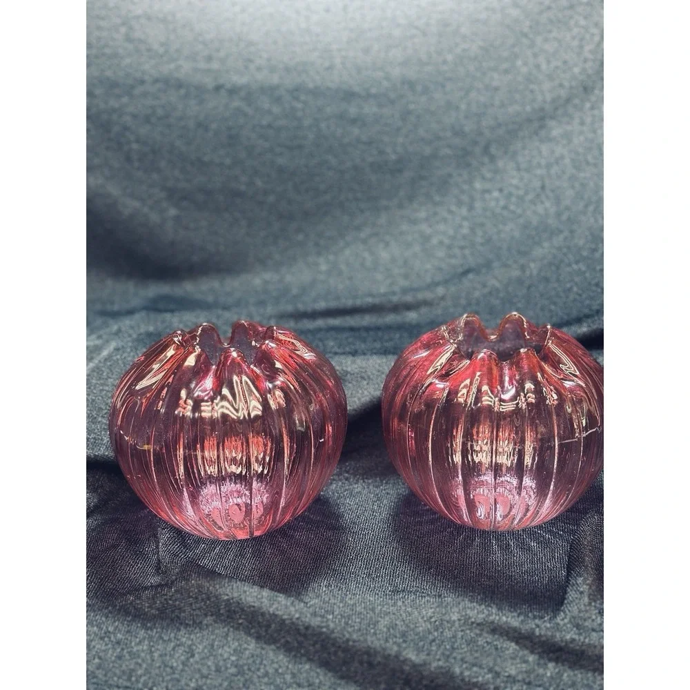 Two Cranberry To Clear Ribbed &‎ Crimped Swirl Rose Bowl Vases Ground Pontil 5