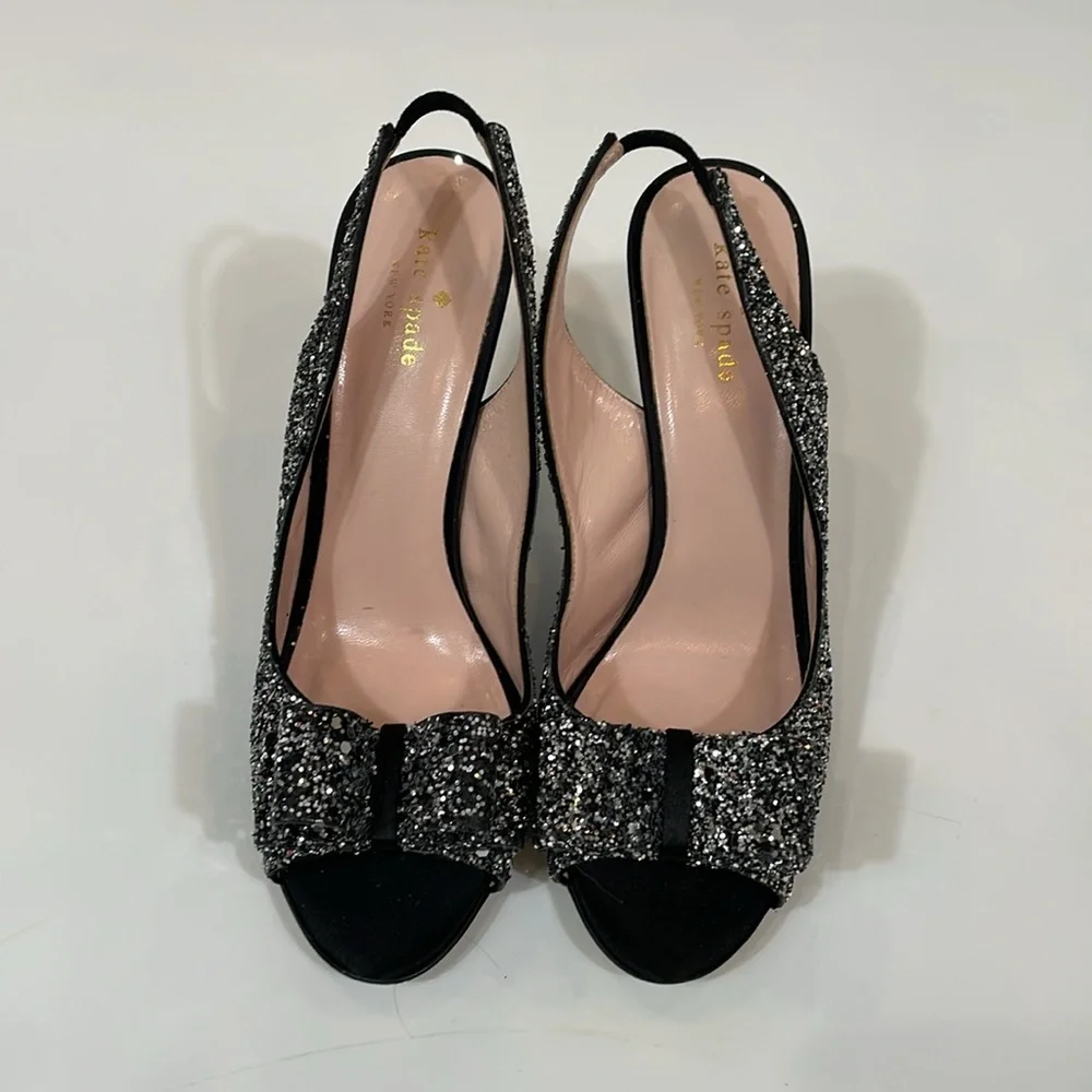 Kate Spade Glitter New York Heels Sandal Size 9.5 Black Silver Bow EUC
