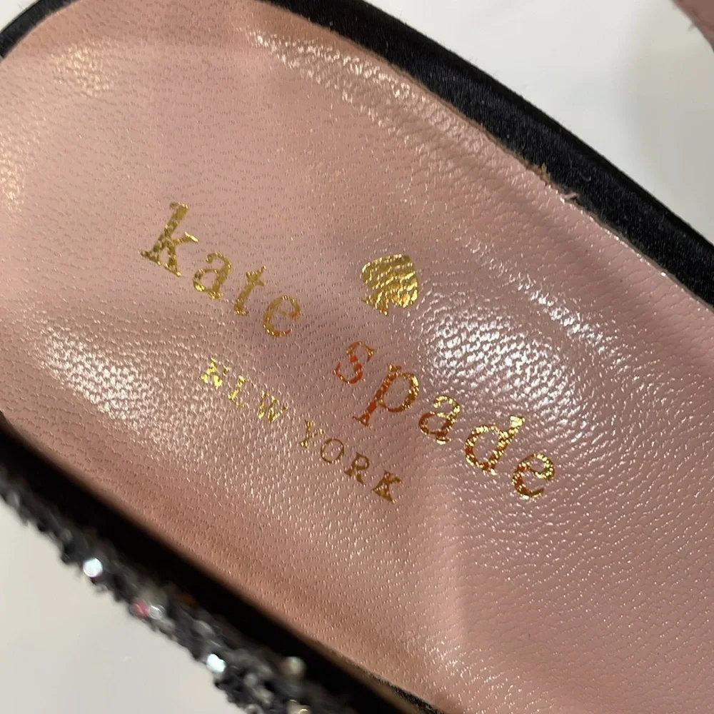 Kate Spade Glitter New York Heels Sandal Size 9.5 Black Silver Bow EUC