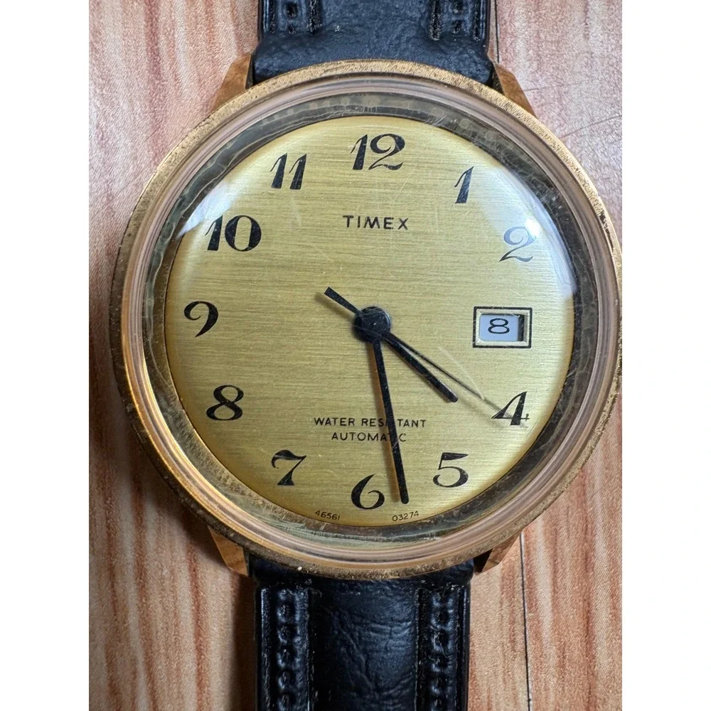Vintage Timex Automatic Watch Gold Tone Date Window 46561 03274 Black Strap