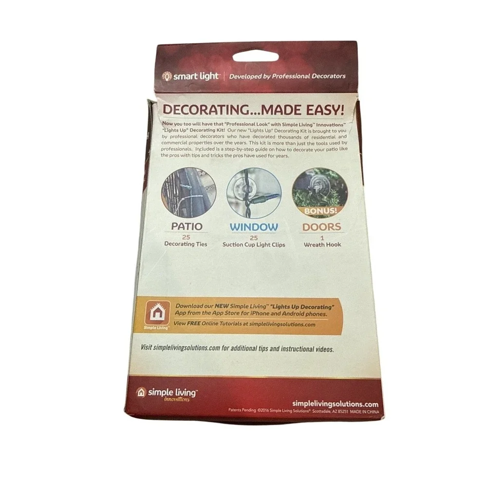 Simple Living 2016 Patio‎ Decorating Kit 50 Pieces & Bonus Wreath Hook Open Box