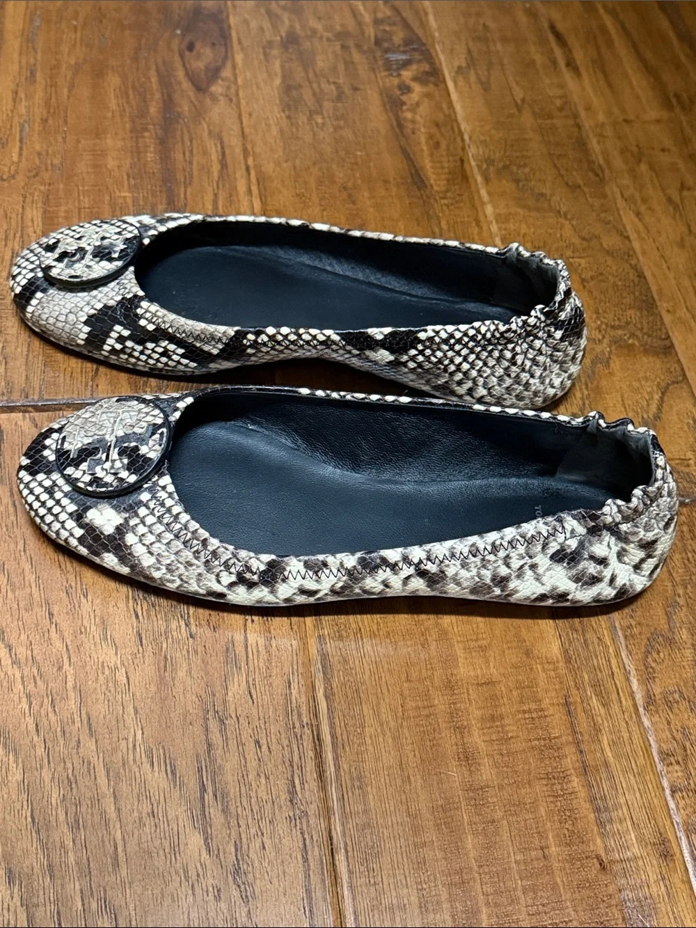 Tory Burch Beige Snake-Print Leather Ballet Flats