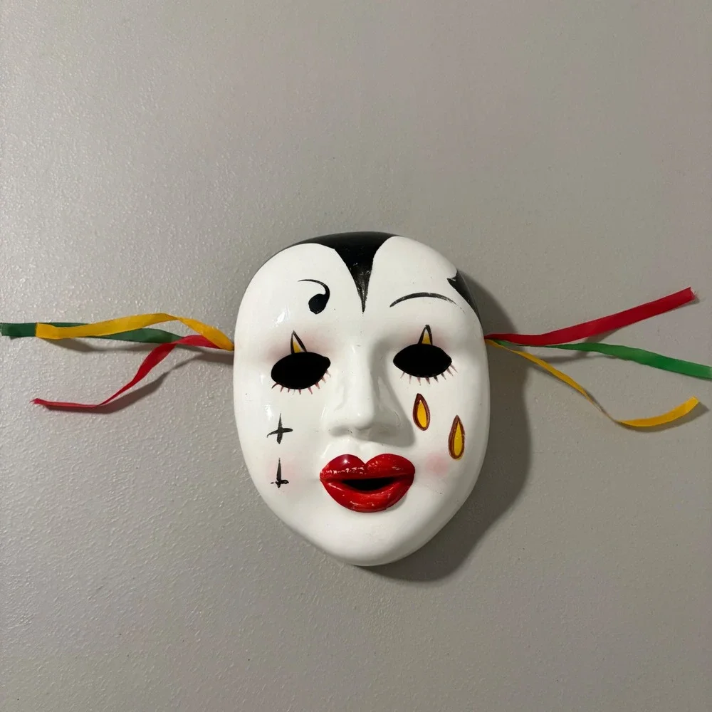 Hand Painted Ceramic‎ Clown Mask Decorative Wall Hanging Red Lips Tears Ribbons