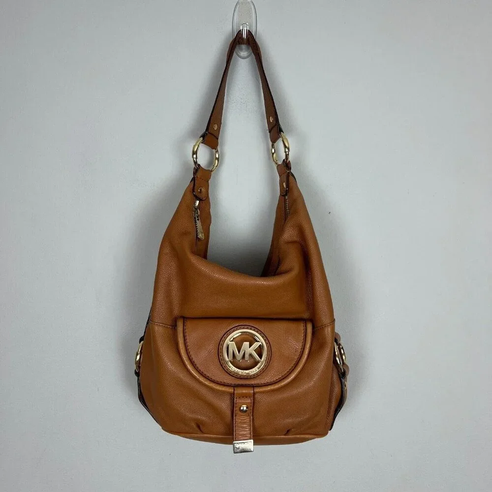 Michael Kors Leather Hobo Handbag Shoulder Bag Gold Plated Hardware Fulton Brown