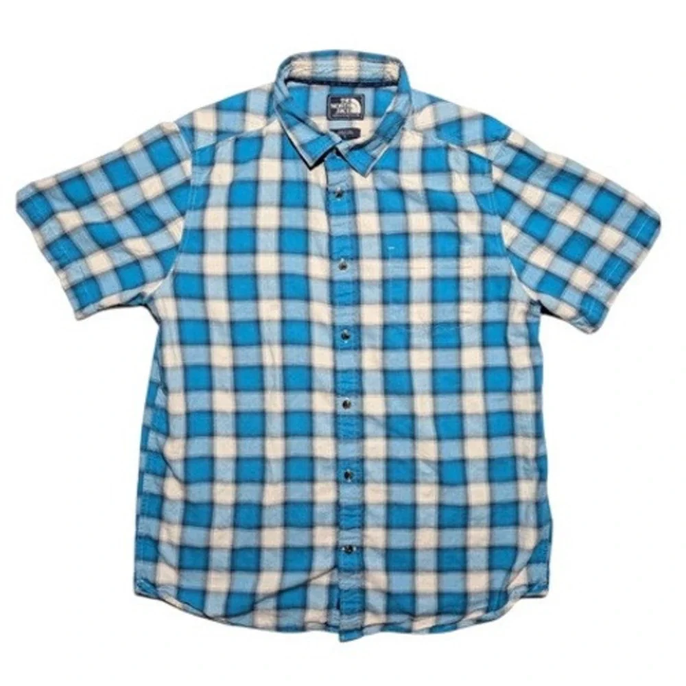 The North Face Plaid Shirt Mens Large Blue Short Sleeve‎ Outdoor Hiking