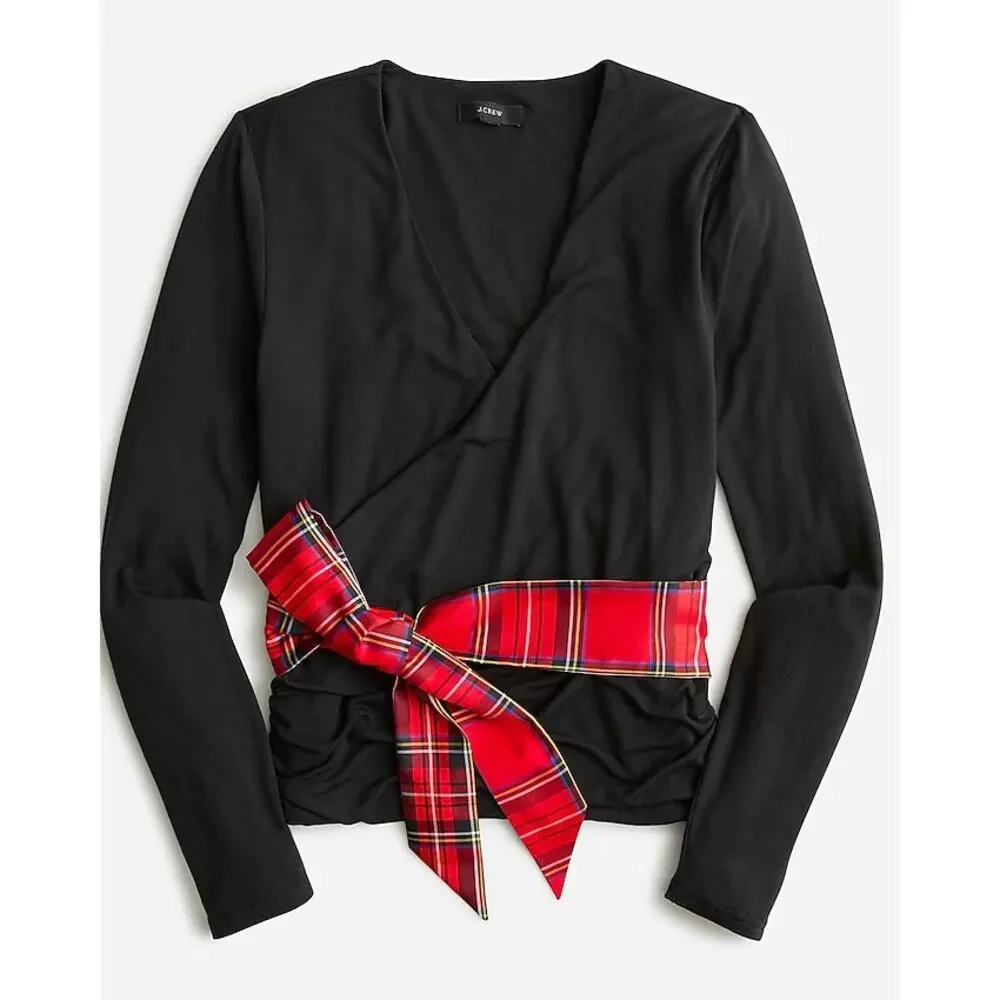 J. Crew Form Knit‎ Long Sleeve Wrap Top Black with Plaid Waist Tie XS Holiday