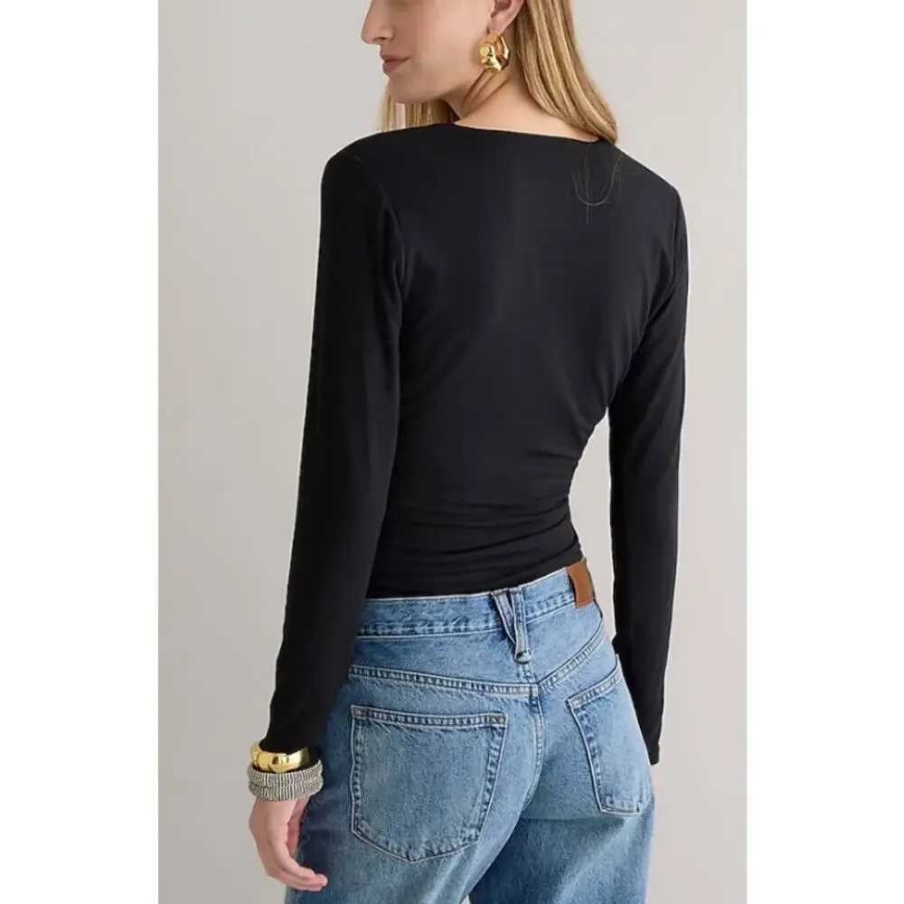 J. Crew Form Knit‎ Long Sleeve Wrap Top Black with Plaid Waist Tie XS Holiday