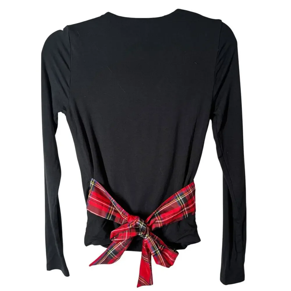 J. Crew Form Knit‎ Long Sleeve Wrap Top Black with Plaid Waist Tie XS Holiday