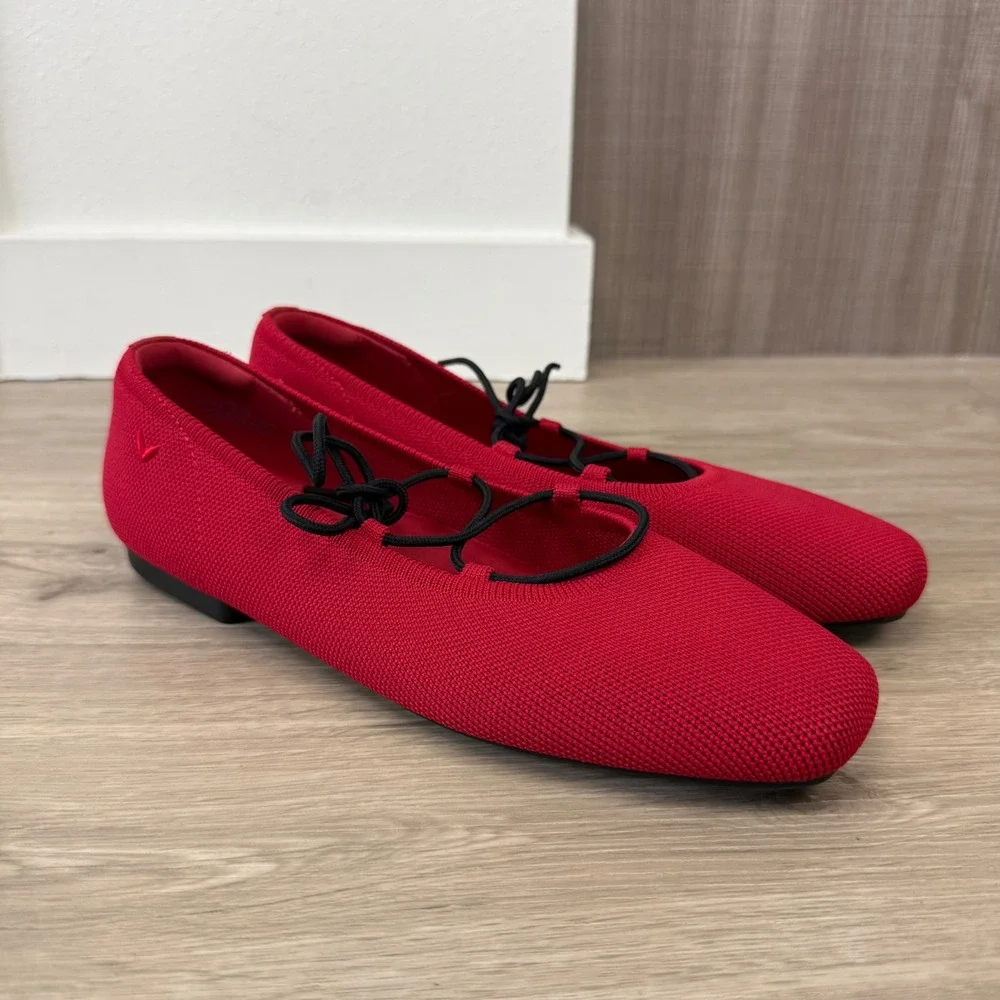 NEW Vivaia Ruby Red Square-Toe Lace Up Mary Janes Miley Flats Knit Size 39